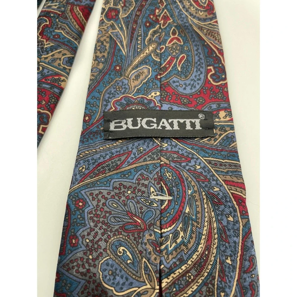 Bugatti Mens Silk Tie Burgundy Blue Gold Paisley Floral Classic Formal Necktie